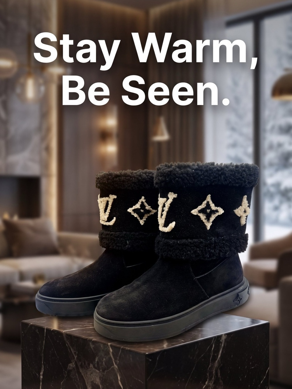 LOUIS VUITTON Snowdrop Suede Shearling Monogram Black Ankle Boots 8.5 US, 39 EU